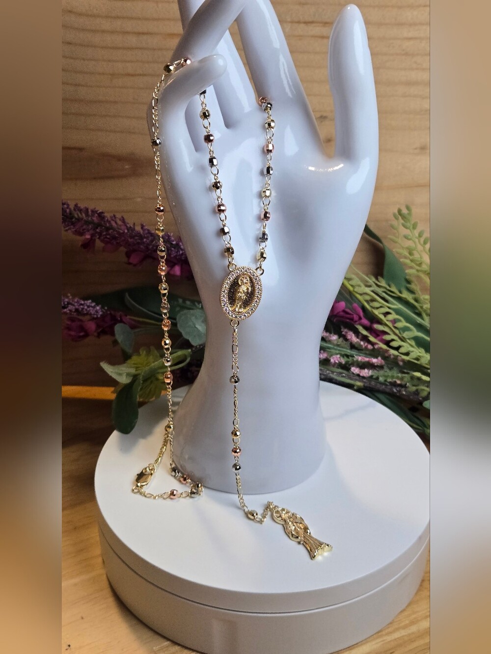 Gold 14k Plated Santa Muerte Rosary-Style Necklace for Women